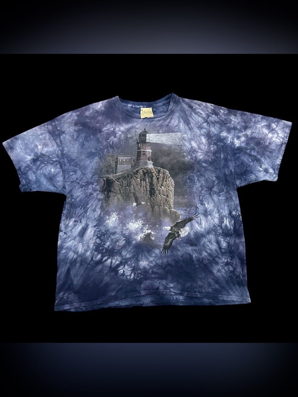 Funky Vintage Lighthouse & Eagle Tie-Dye Purple/Blue Graphic Tee — 3XL